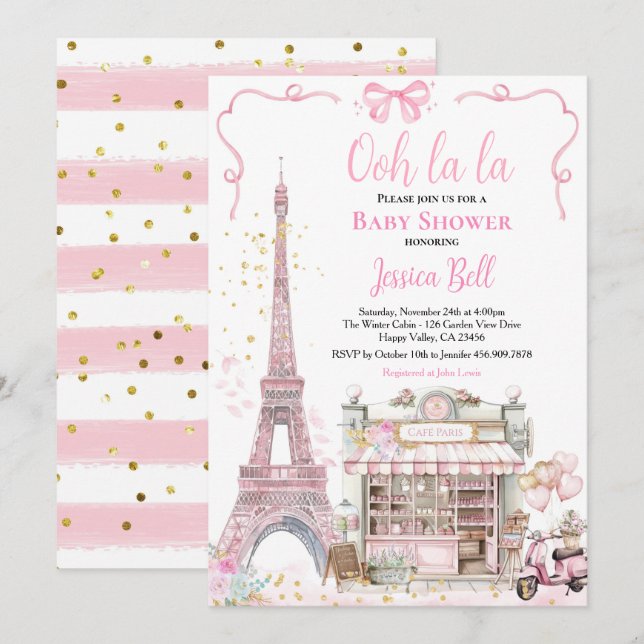 Bonjour Bebe Paris Girl Baby Dusche Pink Eiffel Einladung (Vorne/Hinten)