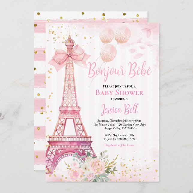 Bonjour Bebe Paris Girl Baby Dusche Pink Eiffel Einladung (Vorne/Hinten)