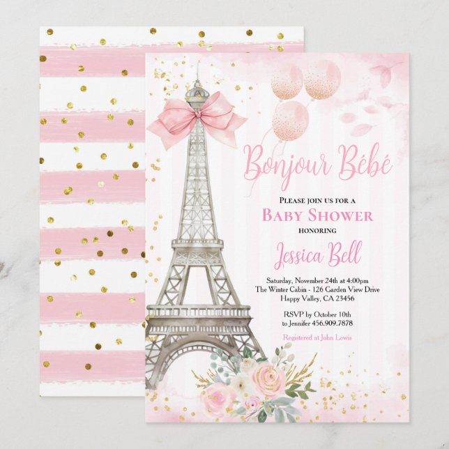 Bonjour Bebe Paris Girl Baby Dusche Pink Eiffel Einladung (Vorne/Hinten)