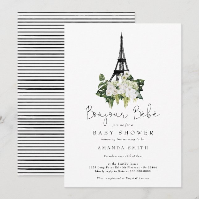 Bonjour Bebe Paris White Floral Baby Dusche Einladung (Vorne/Hinten)