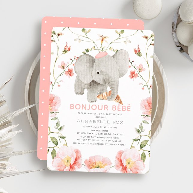 Bonjour Bébé Pink Beret Elephant Babydusche Einladung (Von Creator hochgeladen)