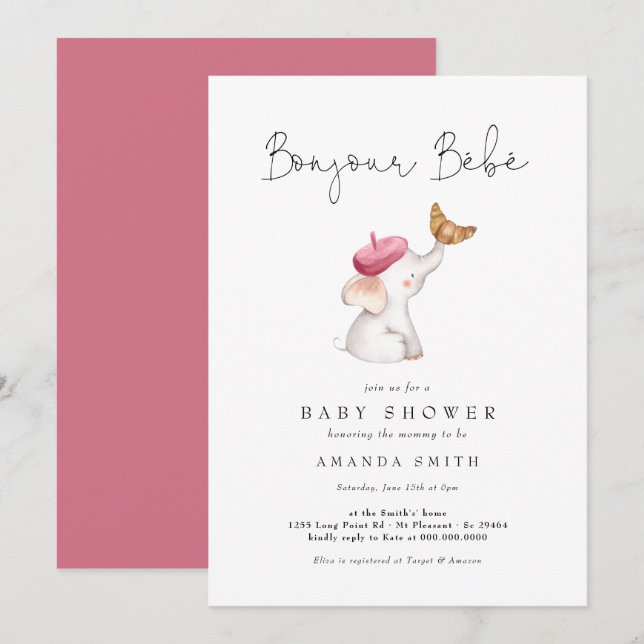 Bonjour Bebe Pink Französisch Elephant Baby Dusche Einladung (Vorne/Hinten)