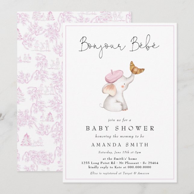 Bonjour Bebe Romantic French Girl Baby Shower Einladung (Vorne/Hinten)