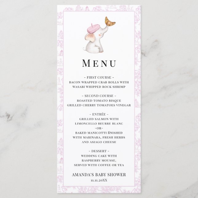 Bonjour Bebe Romantic French Girl Baby Shower Menükarte (Vorderseite)