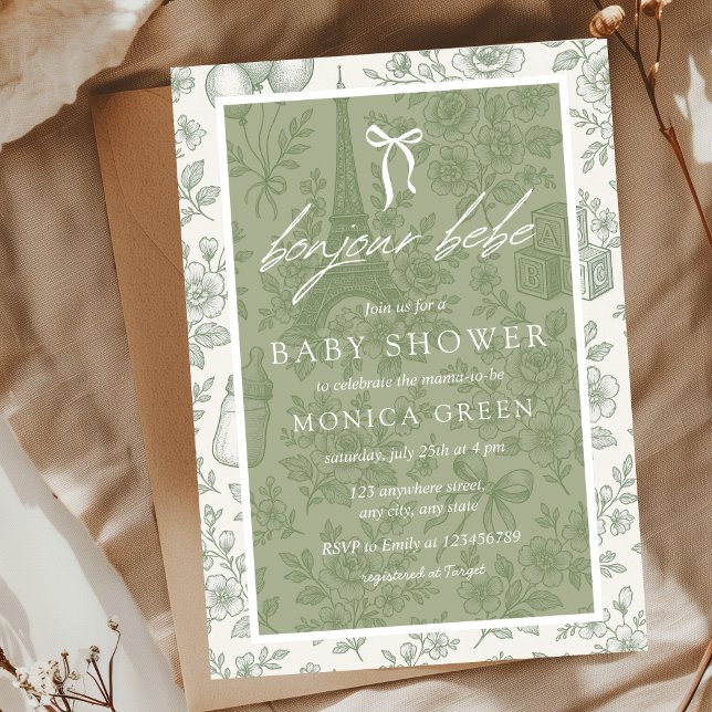 Bonjour Bebe Sage Green Toile Französisch Babydusc Einladung (Sage green French Toile Chinoiserie Pattern Baby Shower Invitation)