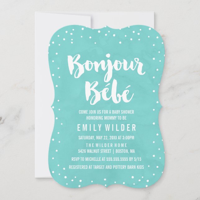 Bonjour Bebe Watercolor Babydusche Einladung (Vorderseite)