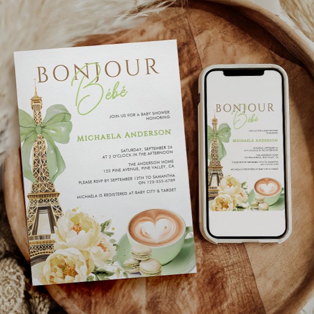 Bonjour Bébé Watercolor Coquette Bow Babydusche I Einladung (Von Creator hochgeladen)