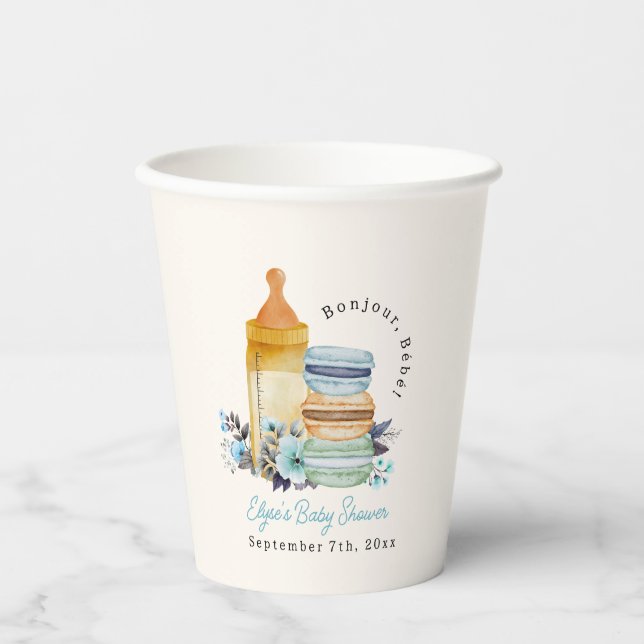 Bonjour Blue Macarons & Milk Boy Baby Shower Pappbecher (Vorderseite)