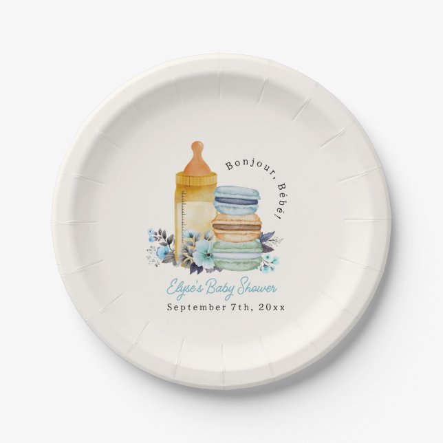 Bonjour Blue Macarons & Milk Boy Baby Shower Pappteller (Vorderseite)