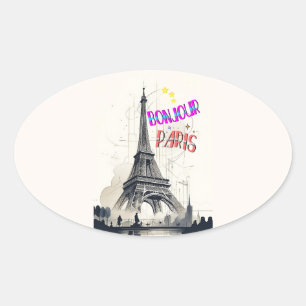Bonjour Colorful Paris Ovaler Aufkleber