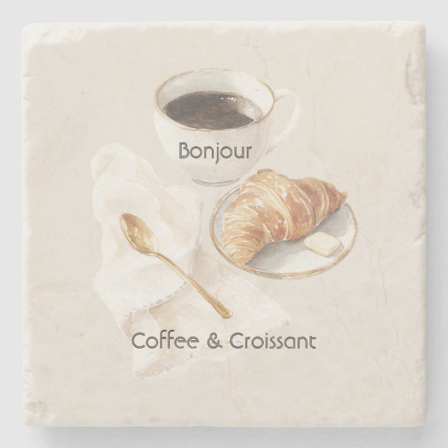 Bonjour Croissant & Kaffee   Steinuntersetzer (Vorderseite)