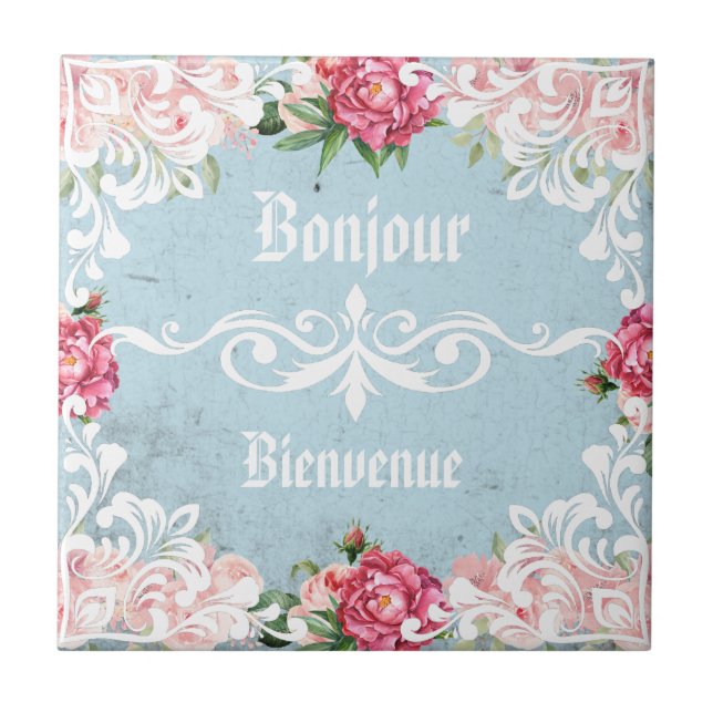 Bonjour Custom text trendy Französisch Vintag Ephe Fliese (Vorderseite)