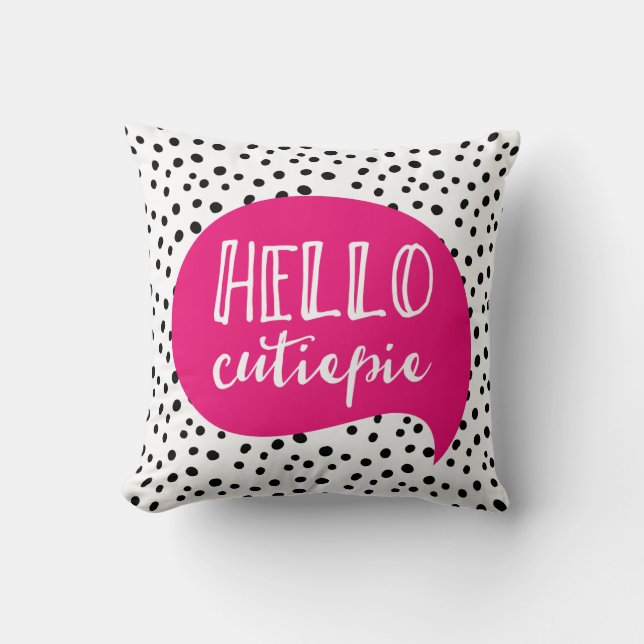 Bonjour Cutiepie rose pois noir pois coussin spott (Recto)