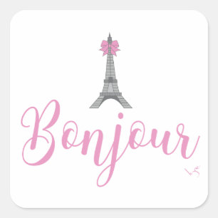 Bonjour-Eiffel Tower Bow Unique Quadratischer Aufkleber