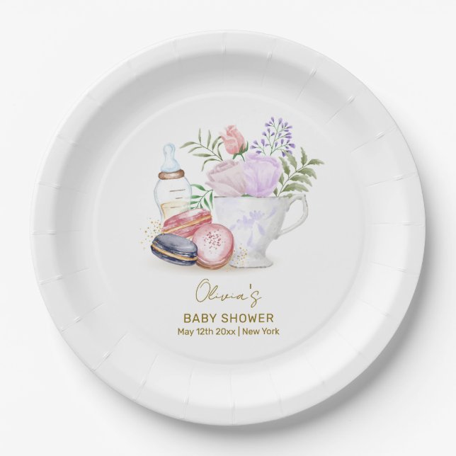 Bonjour Floral Macarons Milk Tea Baby Dusche Pappteller (Vorderseite)