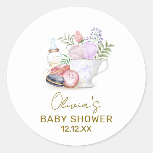 Bonjour Floral Macarons Milk Tea Baby Dusche Runder Aufkleber