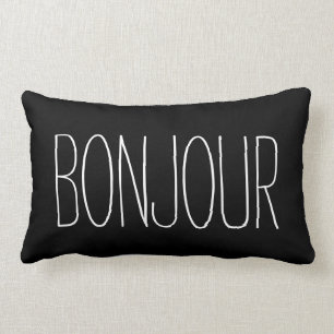 Bonjour französische Typografie-Schwarzweiss-Zitat Lendenkissen