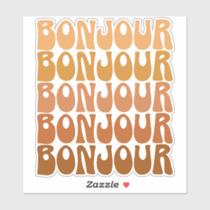 Bonjour Französischer Hallo in Brown Groovy Typo Aufkleber