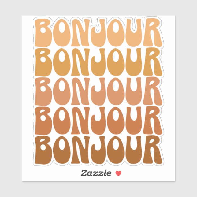 Bonjour | Französischer Hallo in Brown Groovy Typo Aufkleber (Blatt)