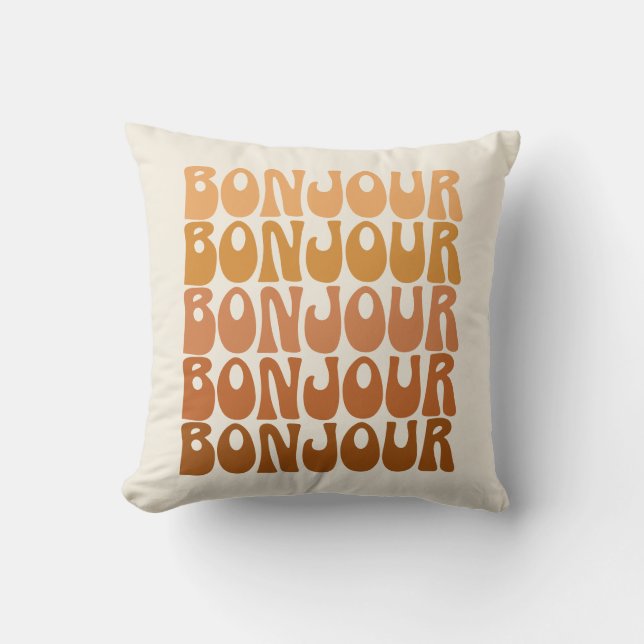 Bonjour French Hello Retro 70er Groovy Typografie Kissen (Vorderseite)