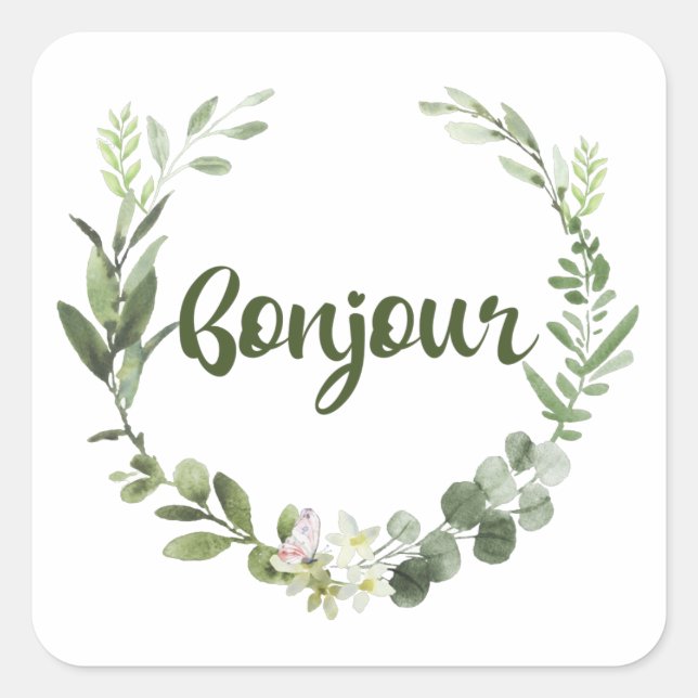 Bonjour Hello French Quadratischer Aufkleber (Vorderseite)