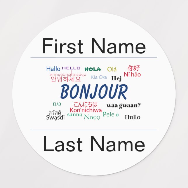 Bonjour Hello Party Name Template World Languages Etiketten (Design 1)