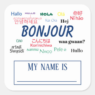 Bonjour Hello World Travel Languages Colorful Name Quadratischer Aufkleber