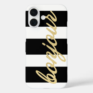 Bonjour in Gold Script Black Strips Französisch Ha iPhone 16 Hülle