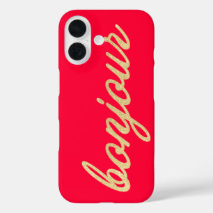 Bonjour in Gold Script Red French Hallo iPhone 16 Hülle