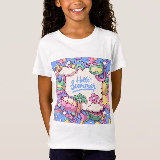 Bonjour L'Été Colorfull Doodle Girls' T-Shirts (Devant)