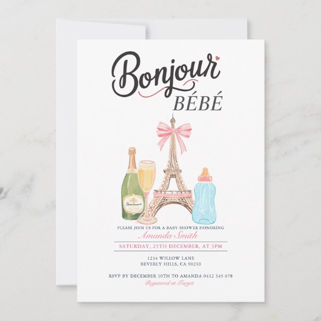 Bonjour Milk Flasche Französisch Baby Dusche Einla Einladung (Vorderseite)