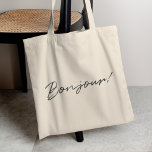 Bonjour! | Modern Script French Hello Trendy Black Tragetasche<br><div class="desc">Minimalistisches,  einfaches und trendiges "Bonjour!" französisches Zitat mit modernem,  stilvollem Schriftzeichen-Stil in Schwarz,  das einen lustigen,  klassisch zeitlosen Look verleiht. Was für eine bessere Art,  hallo zu sagen! Teil unserer Skriptdesign-Kollektion,  bitte schauen Sie sich das an!</div>