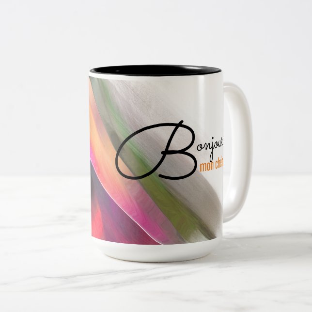 Bonjour Mon Chéri. Abstrakte Malerei Zweifarbige Tasse (VorderseiteRechts)