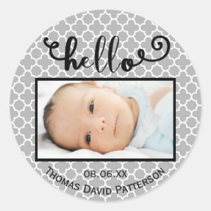 bonjour motif gris/photo - Autocollant rond