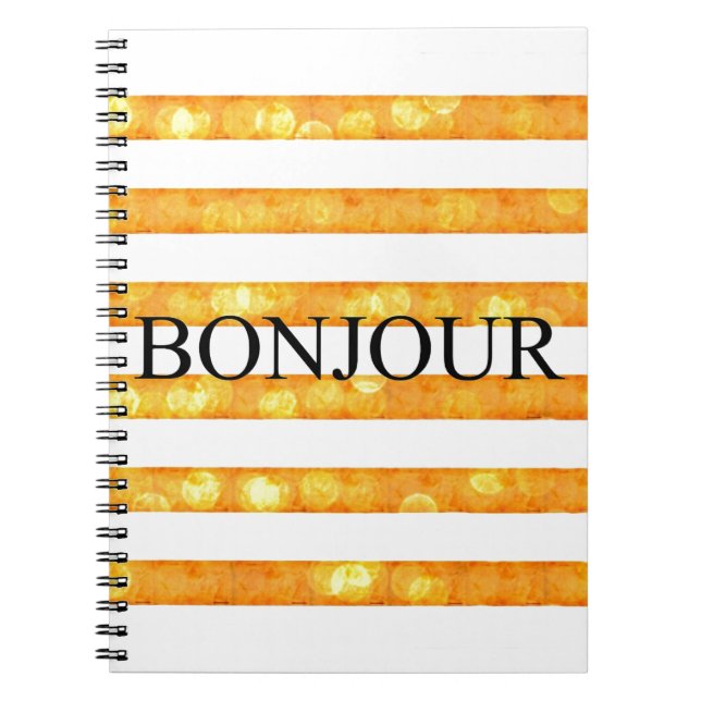 Bonjour orange Streifen Bokeh Notizblock (Vorderseite)