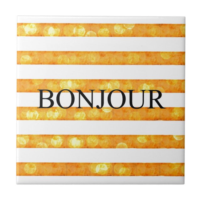 Bonjour Orange Stripe Bokeh Fliese (Vorderseite)