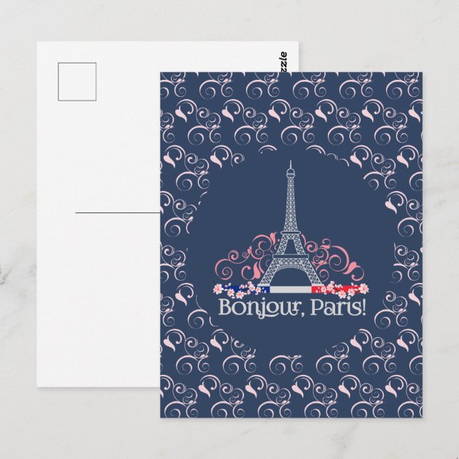 Bonjour Paris Eiffel Tower Blumenmuster Postkarte (Vorne/Hinten)