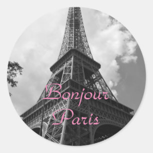 Bonjour Paris Schwarz Weiß Eiffelturm Frankreich Runder Aufkleber