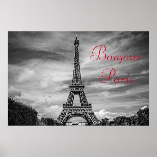 Bonjour Paris Schwarz-weiß Eiffelturm Poster (Vorne)