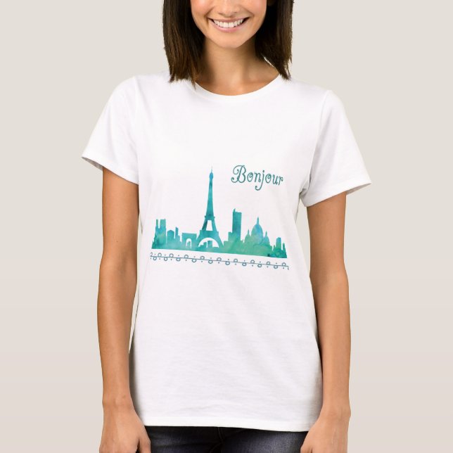 Bonjour Paris Watercolor Silhouette T-Shirt (Vorderseite)