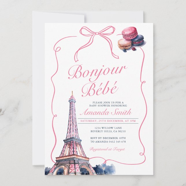 Bonjour Pink Bow Französisch Pariser Café Baby Dus Einladung (Vorderseite)