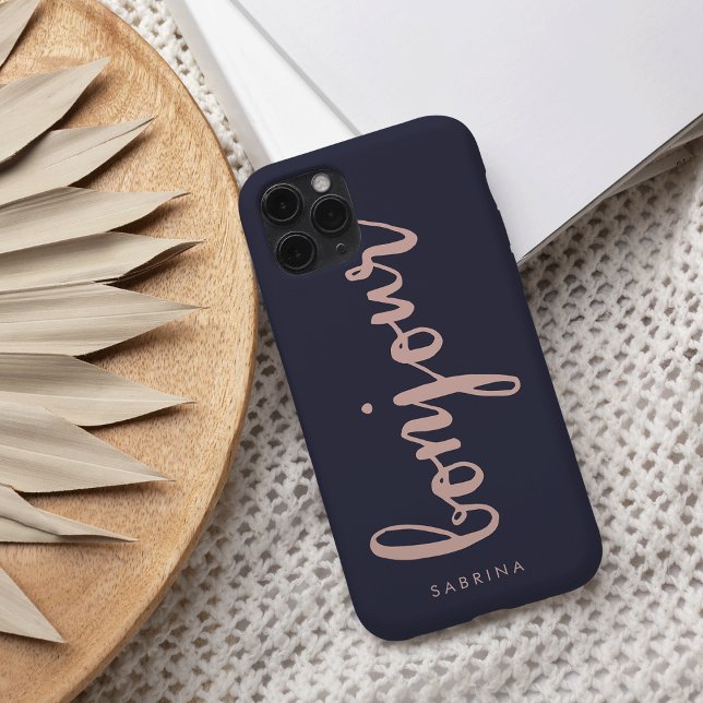 Bonjour Pink & Navy Chic Personalisiert iPhone 16 Hülle (Von Creator hochgeladen)