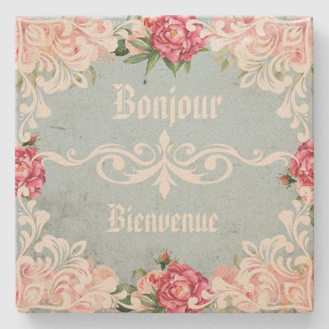 Bonjour Romantische dekorative florale Französisch Steinuntersetzer (Vorderseite)