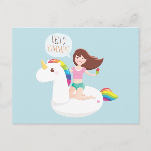 Bonjour Summer Rainbow Unicorn Pool Carte postale  (Devant)