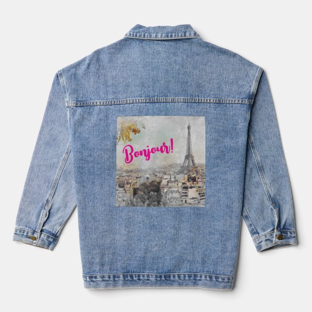 Bonjour Tour Eiffel Paris France Denim Veste (Verso)