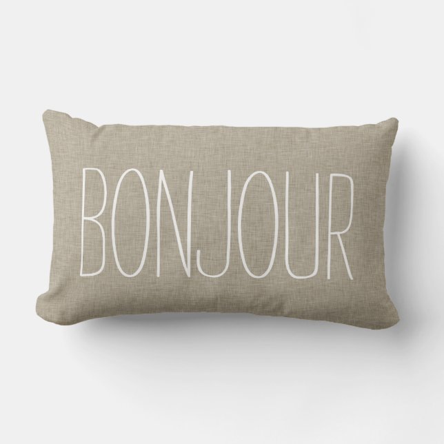 Bonjour Typografie-beige Farbwurf-Leinenkissen Lendenkissen (Vorderseite)