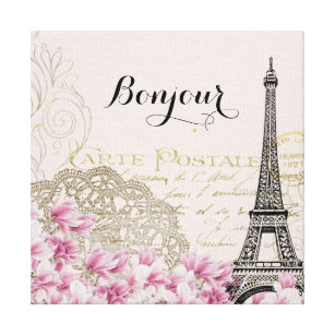 Bonjour Vintage Eiffel Turm-Collage mit Blumen Leinwanddruck
