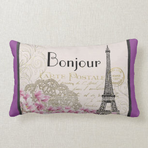 Bonjour Vintage Eiffelturm Collage mit Blumen Lendenkissen