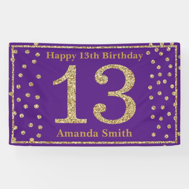 Bonne 13e anniversaire bannière violet et Parties  (Horizontal)