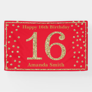 Bonne 16e anniversaire bannière Rouge et Parties 